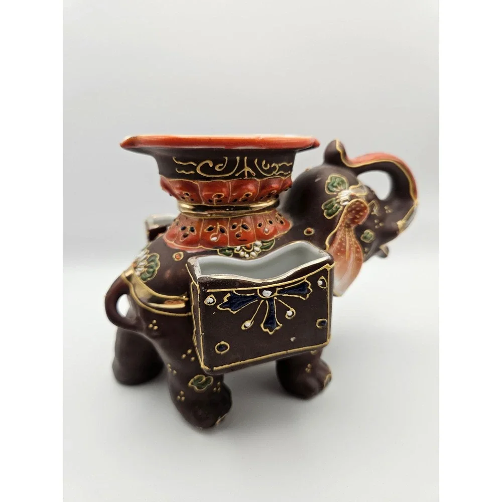 Vtg 1920's/30's Satsuma Moriage Elephant Ashtray Cigarette & Match Holder, Japan